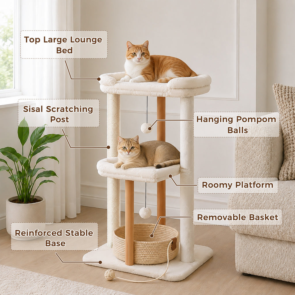 EcoPawPaw 88cm Premium Beech Wood Cat Tree – Large Top Bed, Removable Cat Basket & Sisal Scratching Post