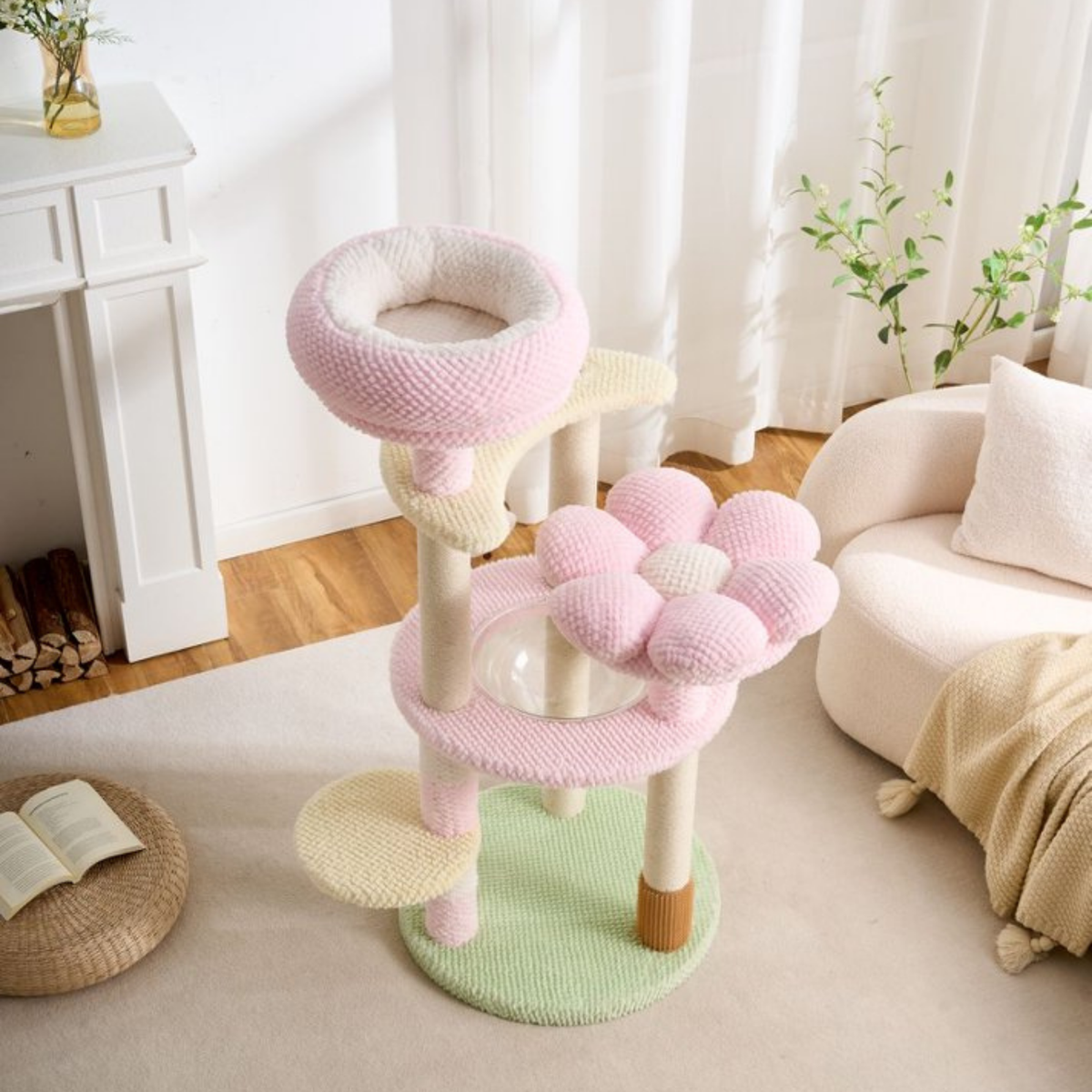 EcoPawPaw 128cm Pink Flower Cat Tree with Transparent Hammock & Sisal Scratching Posts