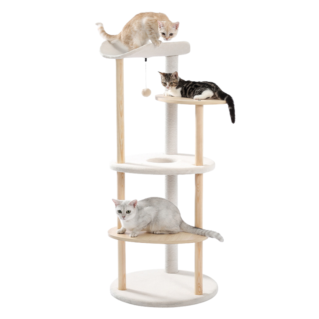 EcoPawPaw 124.5cm Japanese Minimalist Wooden Cat Tree – Modern Japandi Cat Tower with Scratching Post, Washable Pads & Perches
