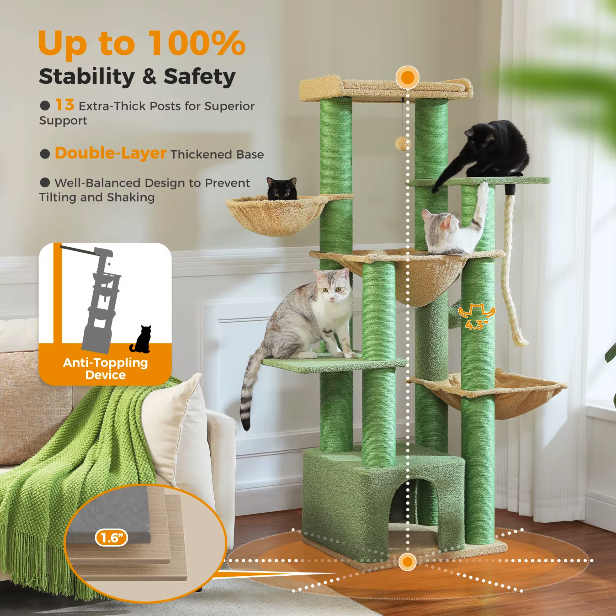 Ecopawpaw XXL Cat Tree for Large Cats 170CM – Heavy Duty Cat Tower with Extra Thick Sisal Posts, Hammocks, Condo & Large Platforms for Maine Coons