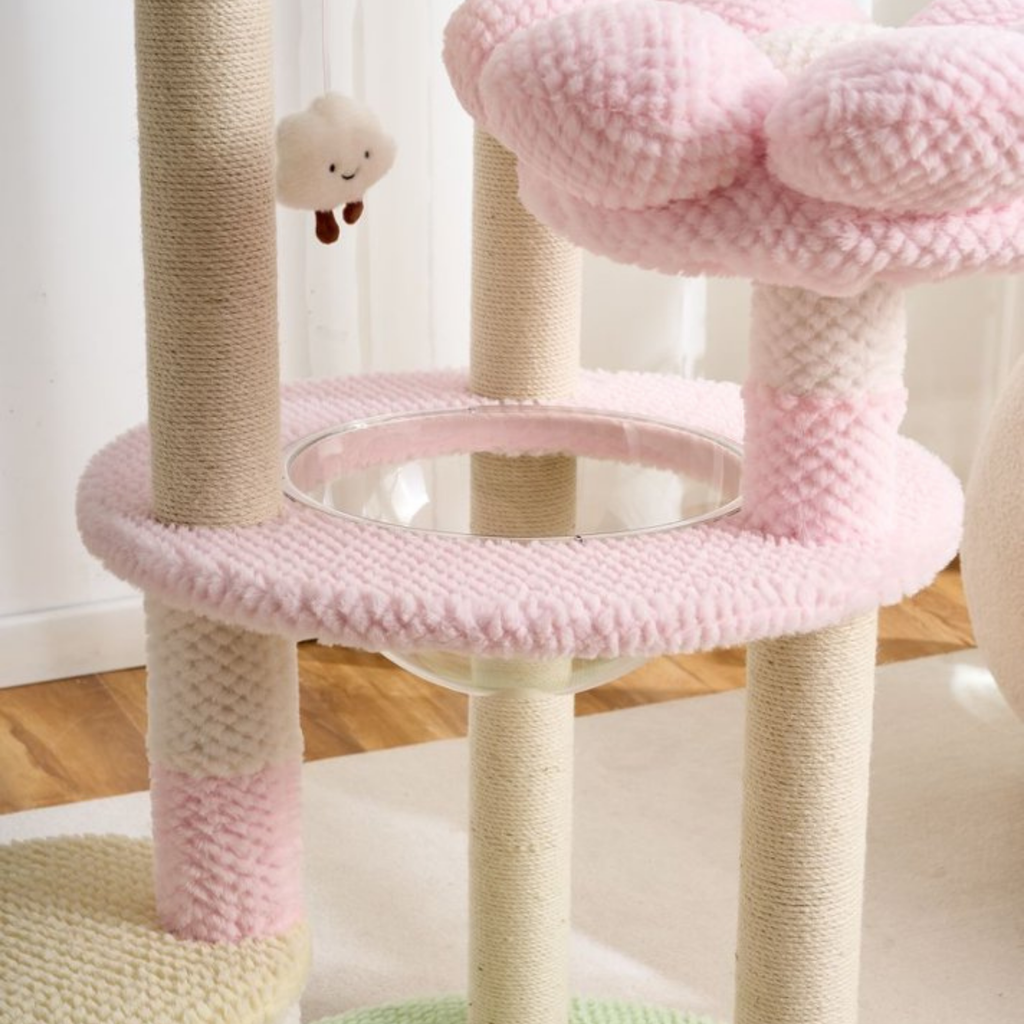 EcoPawPaw 128cm Pink Flower Cat Tree with Transparent Hammock & Sisal Scratching Posts