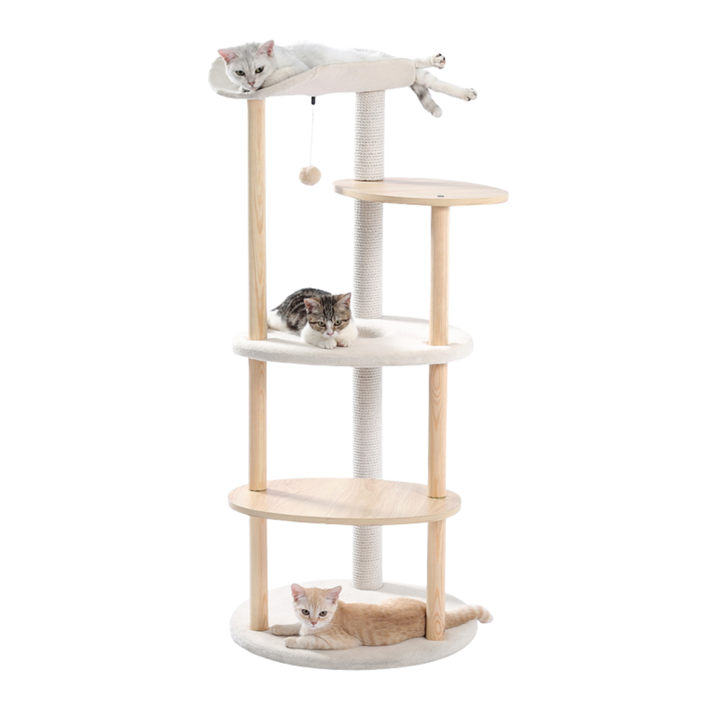 EcoPawPaw 124.5cm Japanese Minimalist Wooden Cat Tree – Modern Japandi Cat Tower with Scratching Post, Washable Pads & Perches