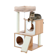 Tabby cat on a wooden cat tree with two condos, top bed and scratching ramp