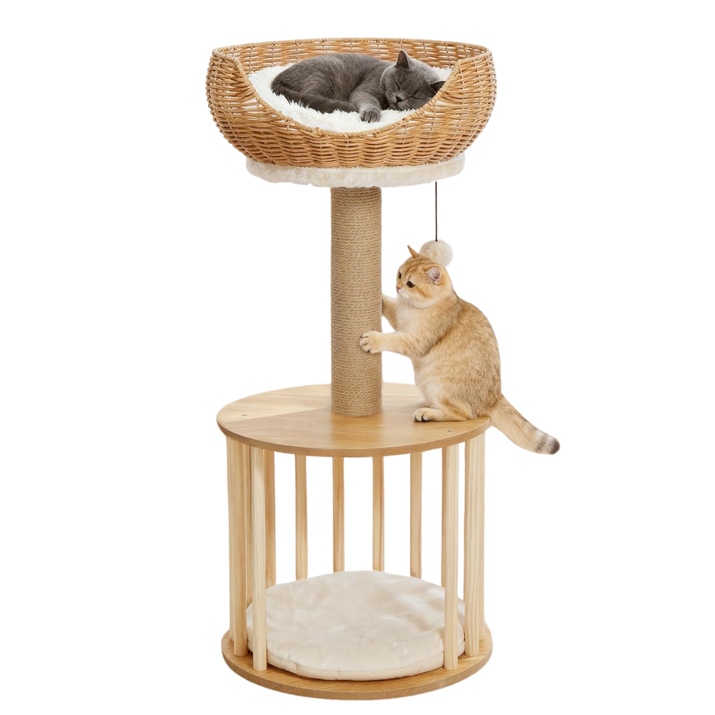 EcoPawPaw Natural Wood Cat Tree with Rattan Nest – 76 cm