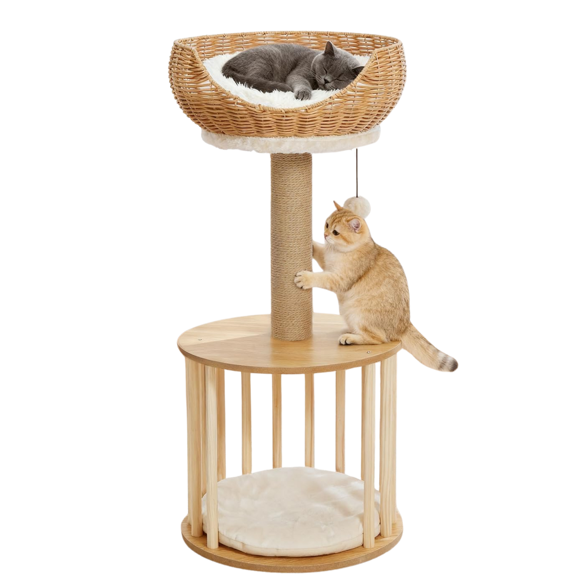 EcoPawPaw Natural Wood Cat Tree with Rattan Nest – 76 cm