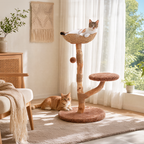EcoPawPaw 95cm Natural Wooden Cat Tree with Handwoven Wicker Bed – Space-Saving Cat Tower for Small & Medium Cats