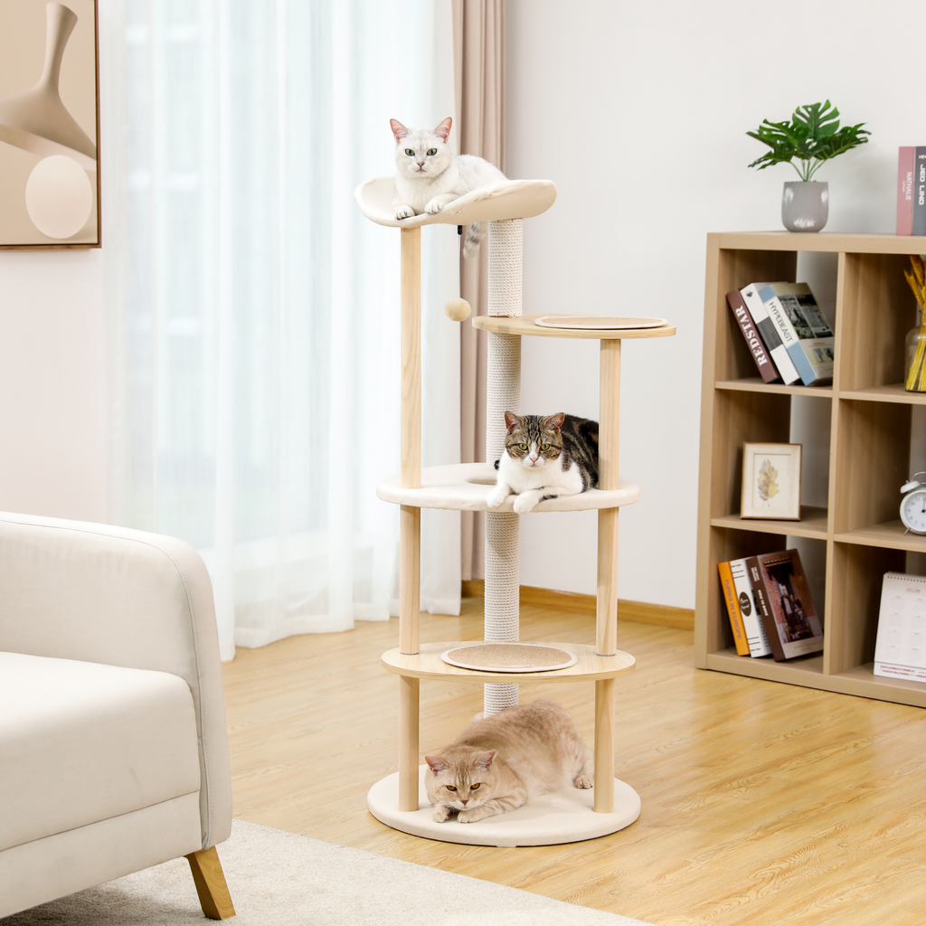 EcoPawPaw 124.5cm Japanese Minimalist Wooden Cat Tree – Modern Japandi Cat Tower with Scratching Post, Washable Pads & Perches