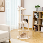 EcoPawPaw 124.5cm Japanese Minimalist Wooden Cat Tree – Modern Japandi Cat Tower with Scratching Post, Washable Pads & Perches