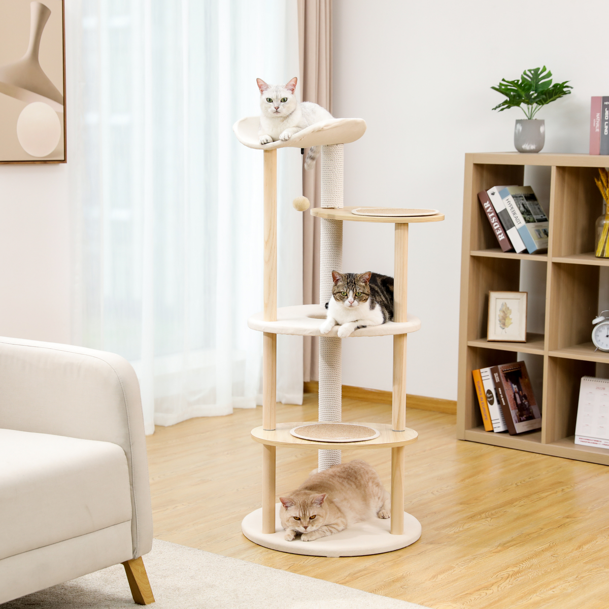 EcoPawPaw 124.5cm Japanese Minimalist Wooden Cat Tree – Modern Japandi Cat Tower with Scratching Post, Washable Pads & Perches