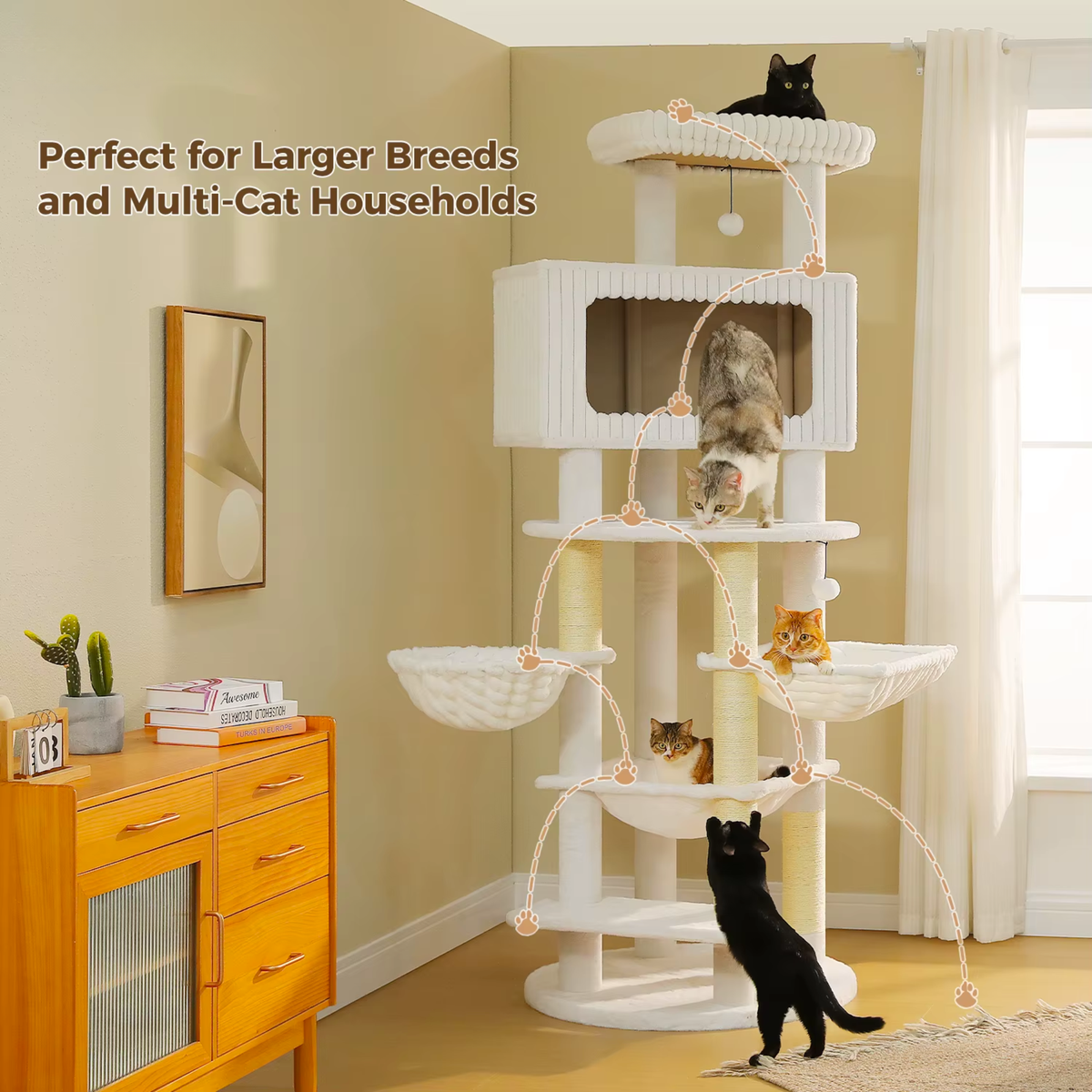 EcoPawPaw Luxury XXL Cat Tree for Large Cats – Multi-Level Cat Tower with 3 Hammocks, Spacious Condo & Thick Scratching Posts