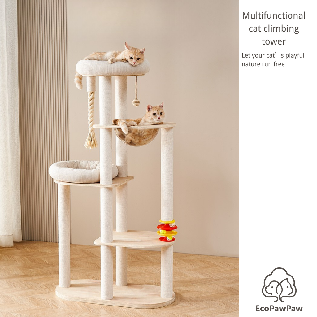 Natural Solid Oak Cat Tree – Modern Z-Shaped Wooden Cat Tower with Hammock & Scratching Posts (154 cm Tall)