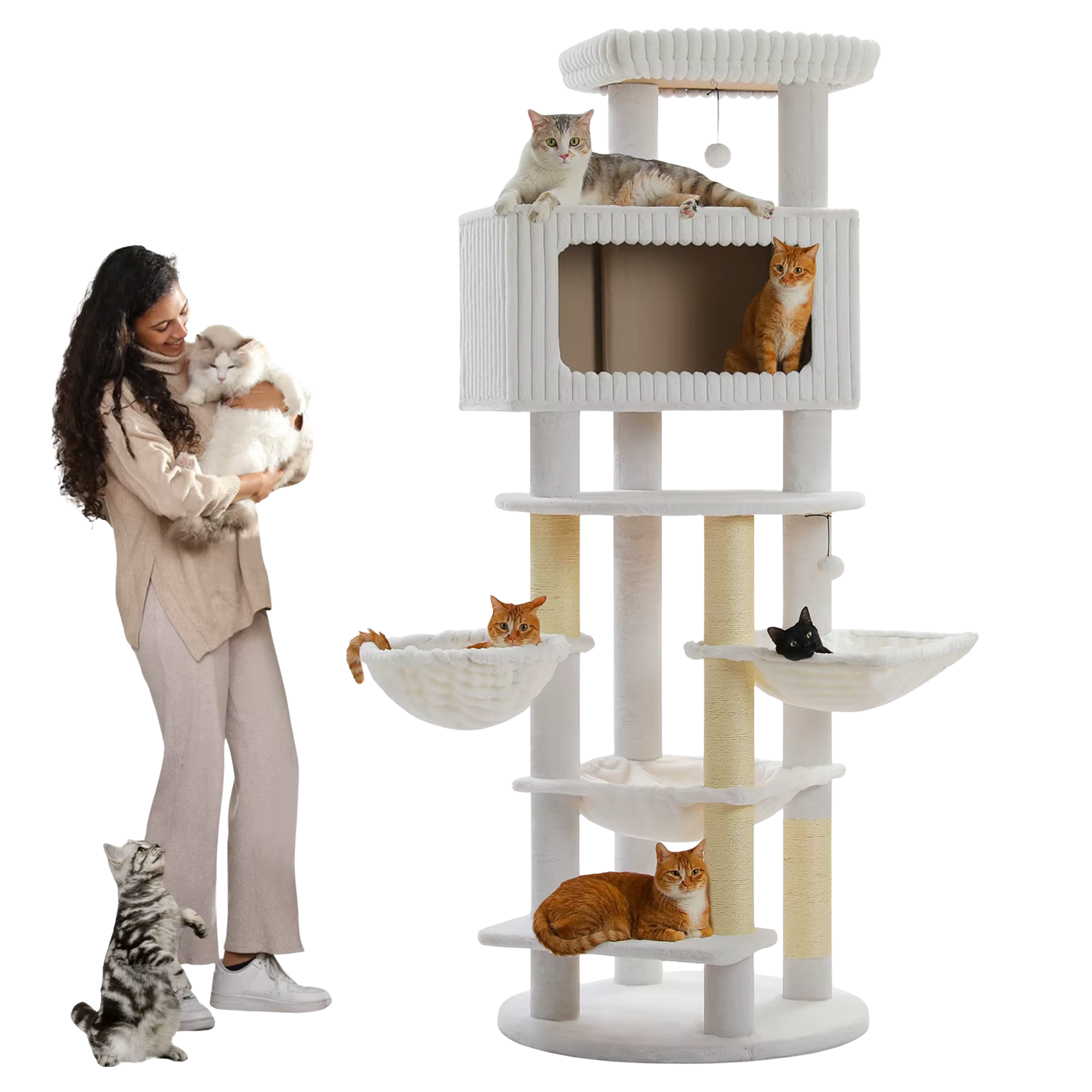 EcoPawPaw Luxury XXL Cat Tree for Large Cats – Multi-Level Cat Tower with 3 Hammocks, Spacious Condo & Thick Scratching Posts