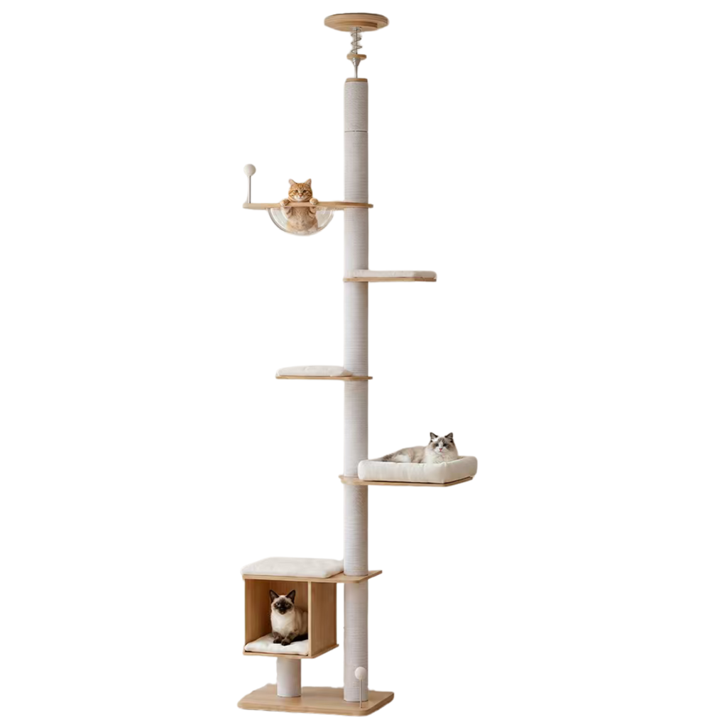 EcoPawPaw Adjustable Floor-to-Ceiling Cat Tree | 225–284cm Cat Tower with Condo & Acrylic Bowl