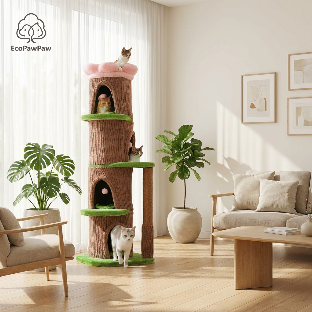 EcoPawPaw Forest Cat Tree Tower with Flower Perch