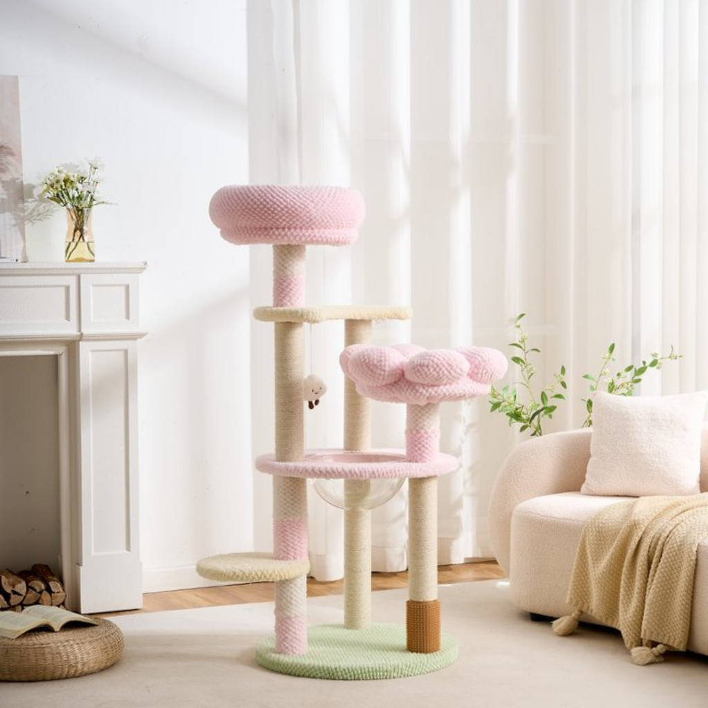 EcoPawPaw 128cm Pink Flower Cat Tree with Transparent Hammock & Sisal Scratching Posts
