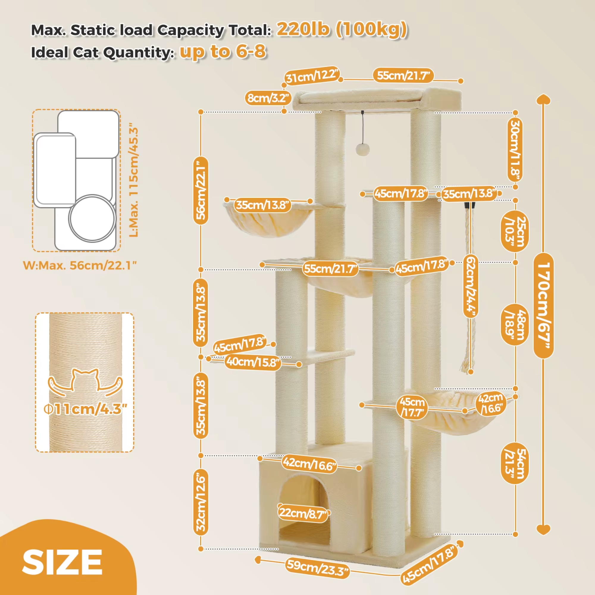 Ecopawpaw XXL Cat Tree for Large Cats 170CM – Heavy Duty Cat Tower with Extra Thick Sisal Posts, Hammocks, Condo & Large Platforms for Maine Coons
