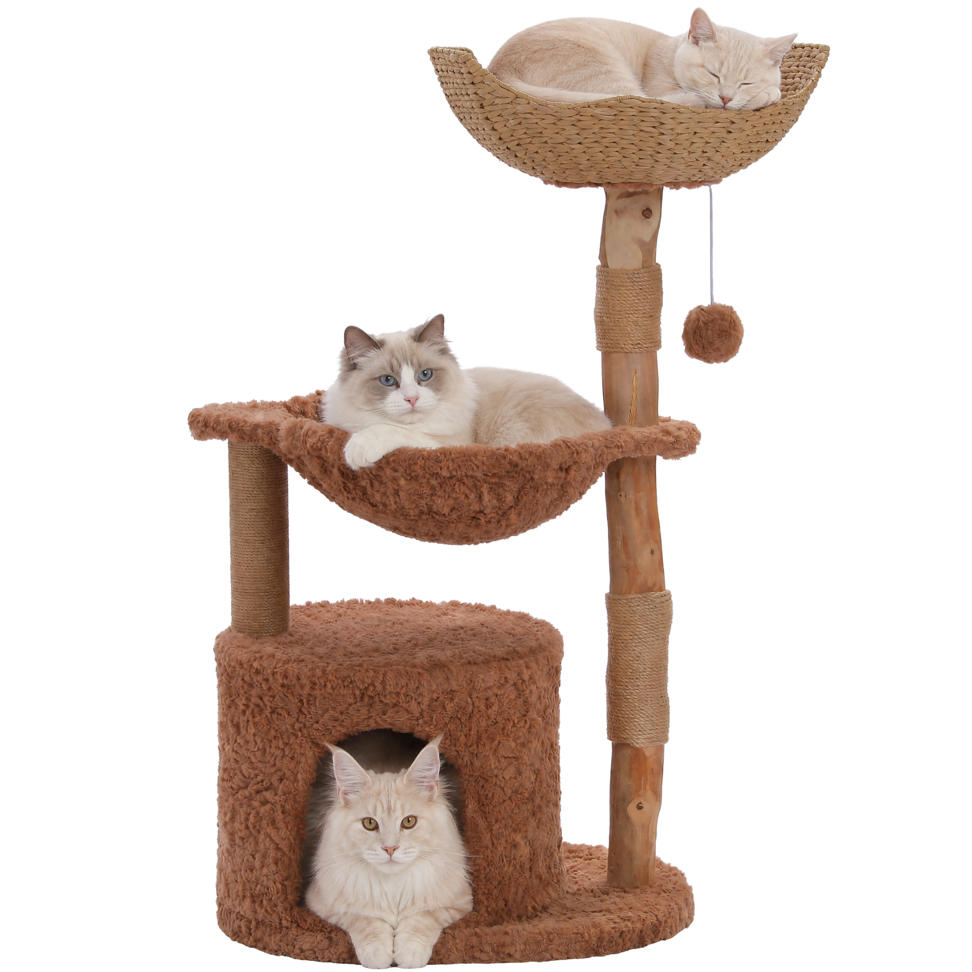 EcoPawPaw 102cm Natural Wood Cat Tree with Woven Basket & Cozy Cat House