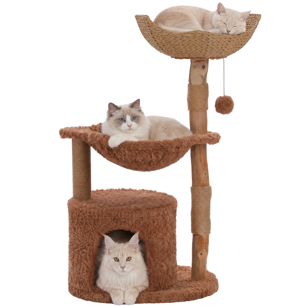 EcoPawPaw 102cm Natural Wood Cat Tree with Woven Basket & Cozy Cat House