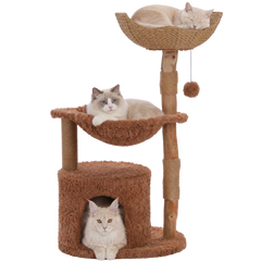 EcoPawPaw 102cm Natural Wood Cat Tree with Woven Basket & Cozy Cat House