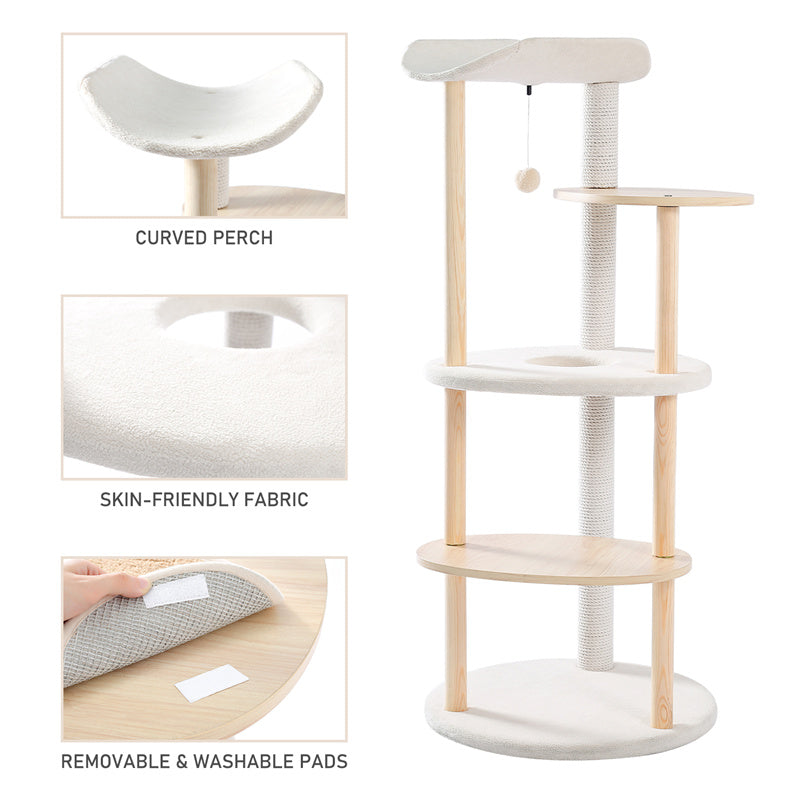 EcoPawPaw 124.5cm Japanese Minimalist Wooden Cat Tree – Modern Japandi Cat Tower with Scratching Post, Washable Pads & Perches