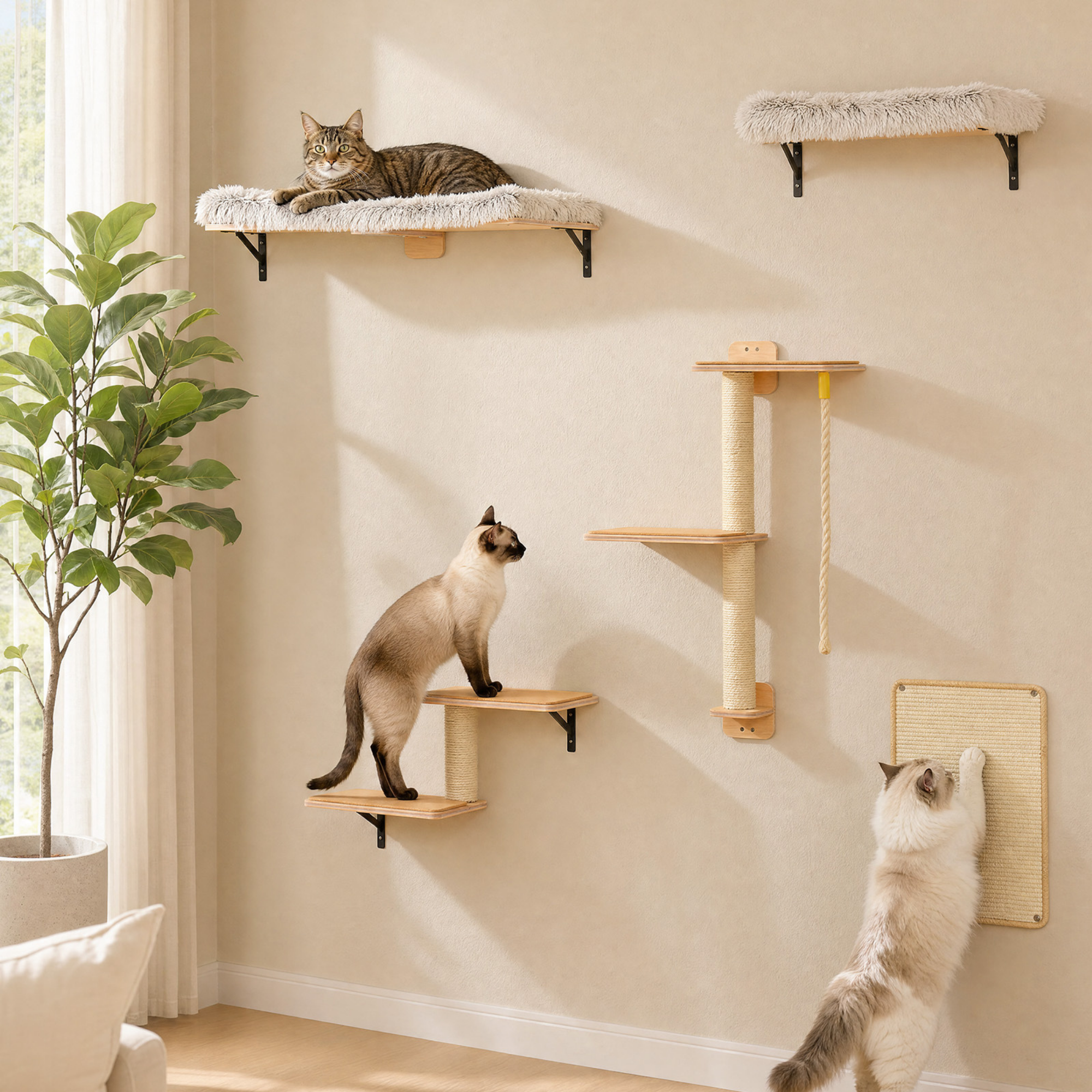 EcoPawPaw Natural Wall-Mounted Cat Climbing Set