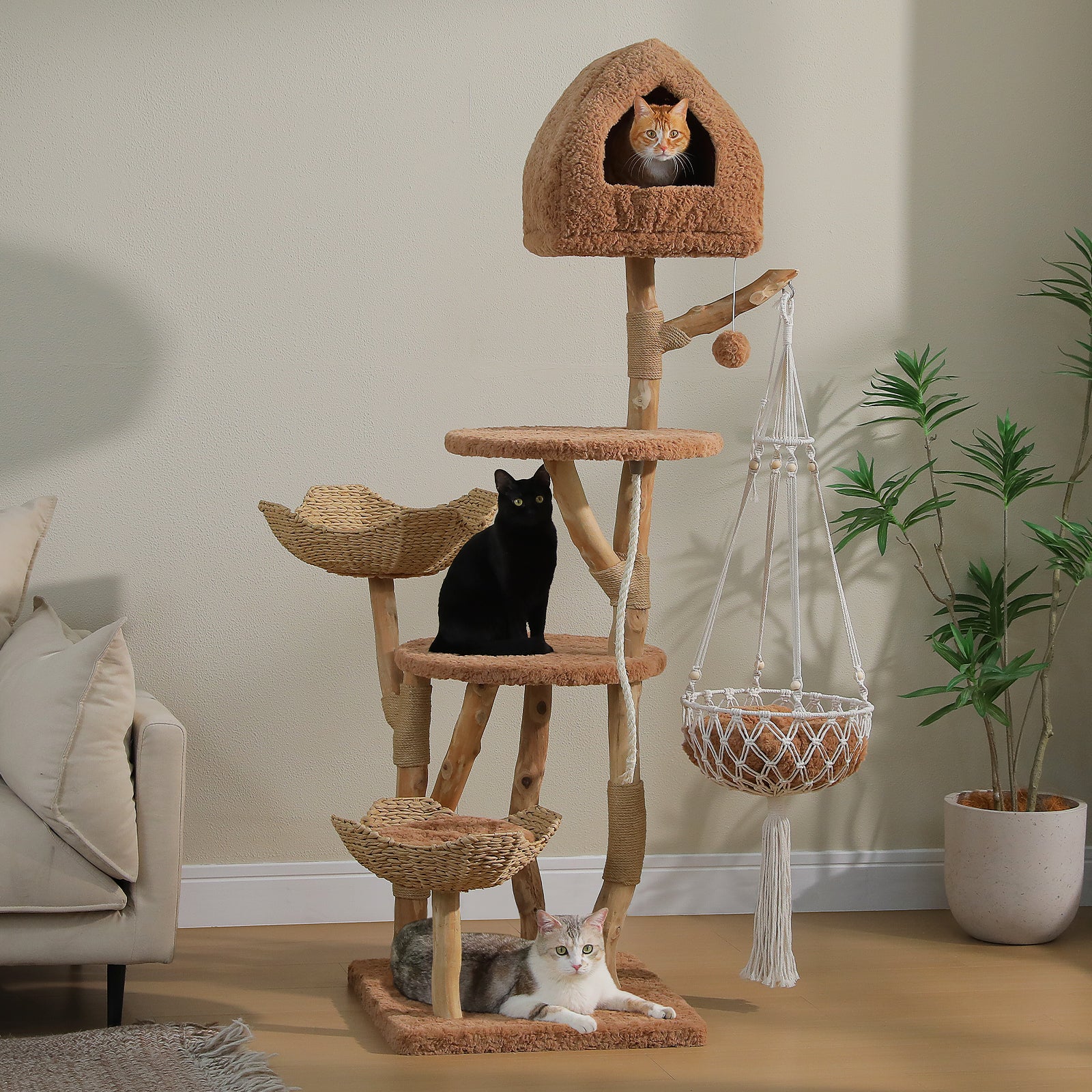 EcoPawPaw Luxury Natural Wood Cat Tree 180cm | Multi-Cat Tower