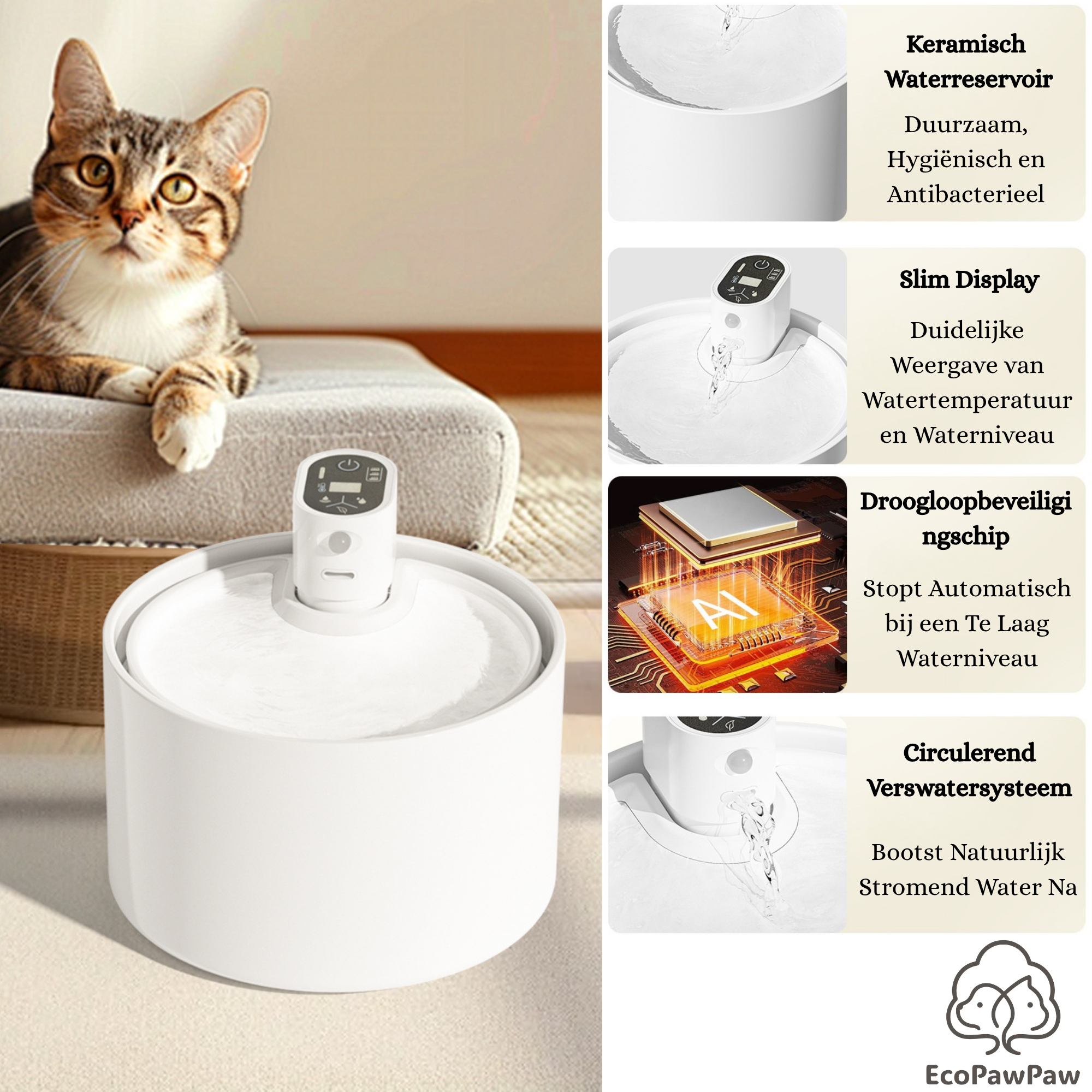 EcoPawPaw Wireless Ceramic Cat Water Fountain – Smart Hydration for Healthier Pets