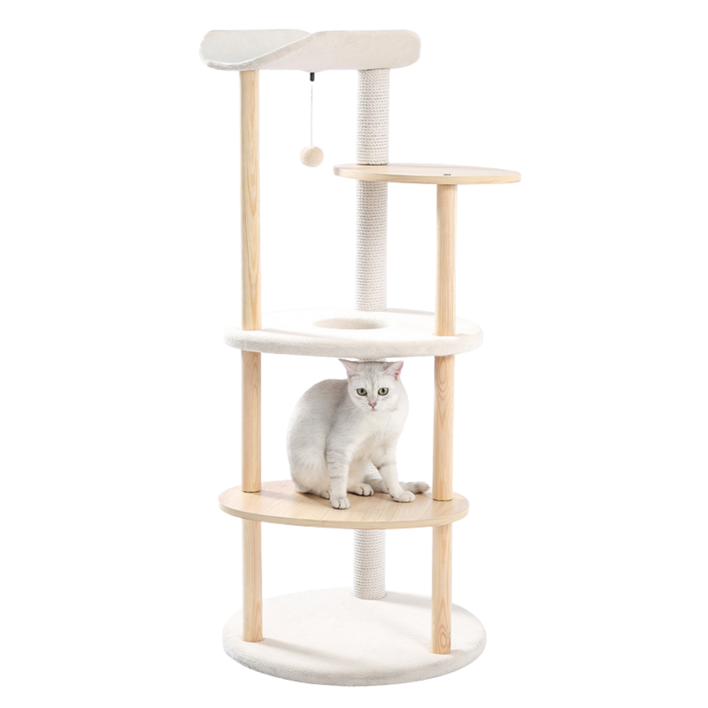 EcoPawPaw 124.5cm Japanese Minimalist Wooden Cat Tree – Modern Japandi Cat Tower with Scratching Post, Washable Pads & Perches