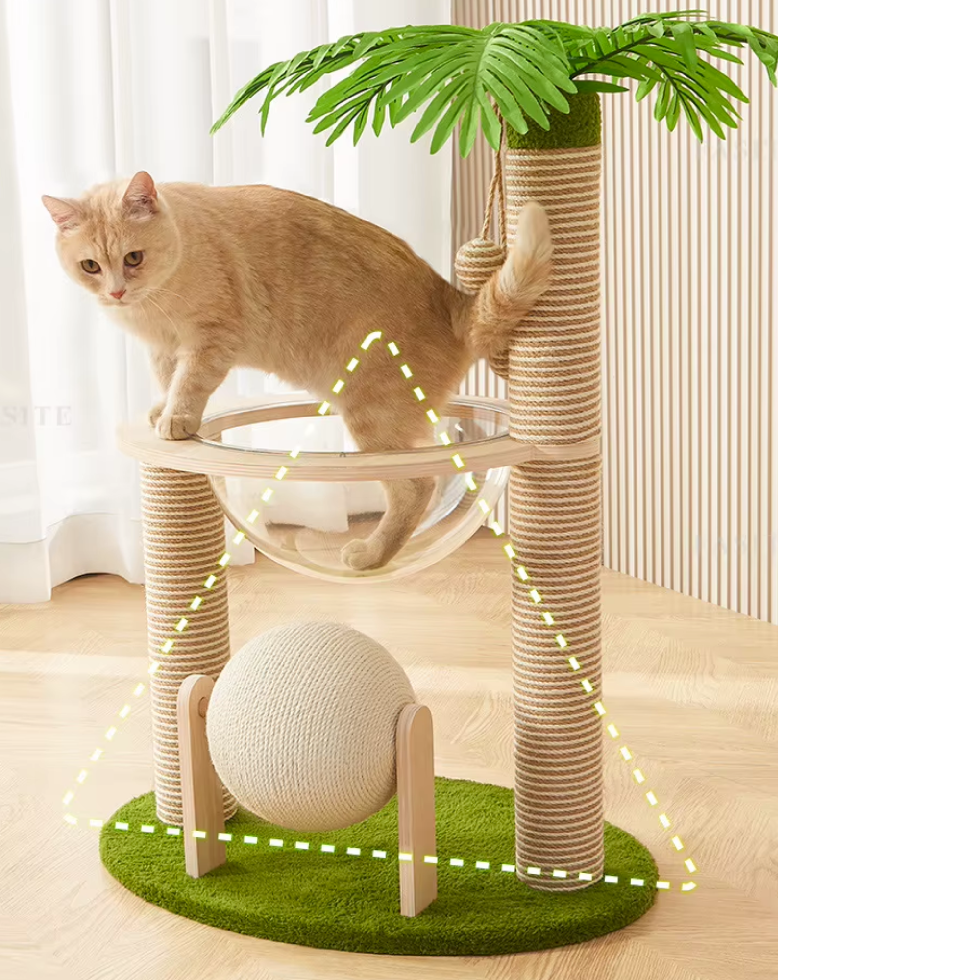 EcoPawPaw Palm Tree Cat Scratcher with Acrylic Space Capsule Bed – Modern Cat Lounge, Sisal Scratching Posts & Interactive Scratching Ball