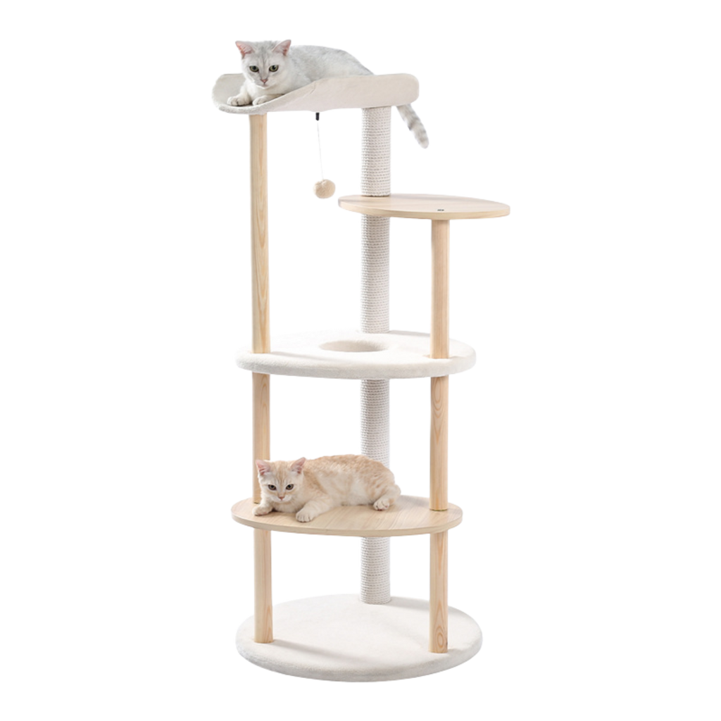 EcoPawPaw 124.5cm Japanese Minimalist Wooden Cat Tree – Modern Japandi Cat Tower with Scratching Post, Washable Pads & Perches