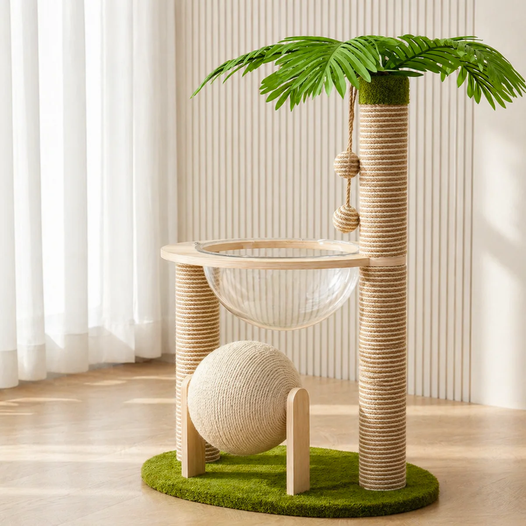 EcoPawPaw Palm Tree Cat Scratcher with Acrylic Space Capsule Bed – Modern Cat Lounge, Sisal Scratching Posts & Interactive Scratching Ball