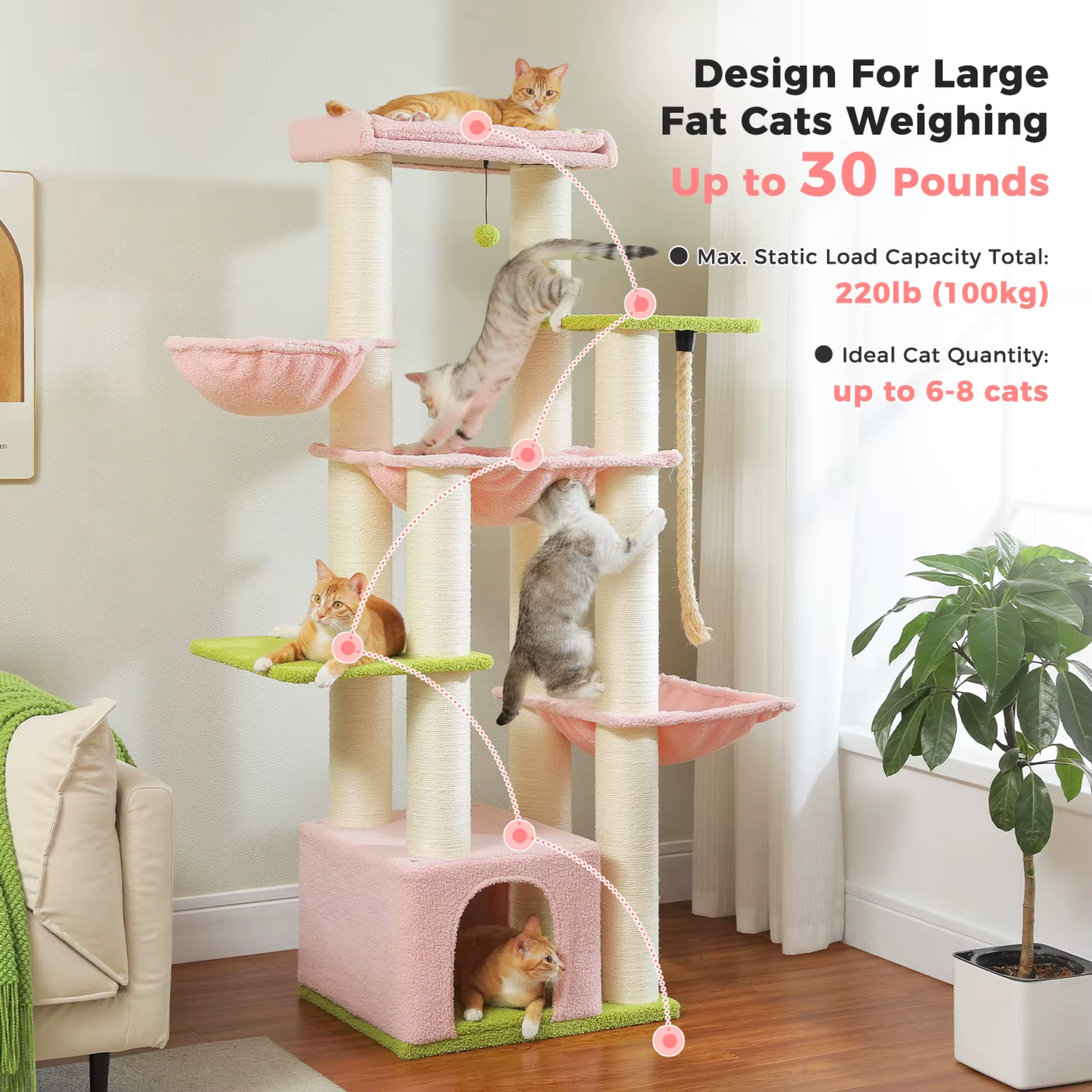 Ecopawpaw XXL Cat Tree for Large Cats 170CM – Heavy Duty Cat Tower with Extra Thick Sisal Posts, Hammocks, Condo & Large Platforms for Maine Coons