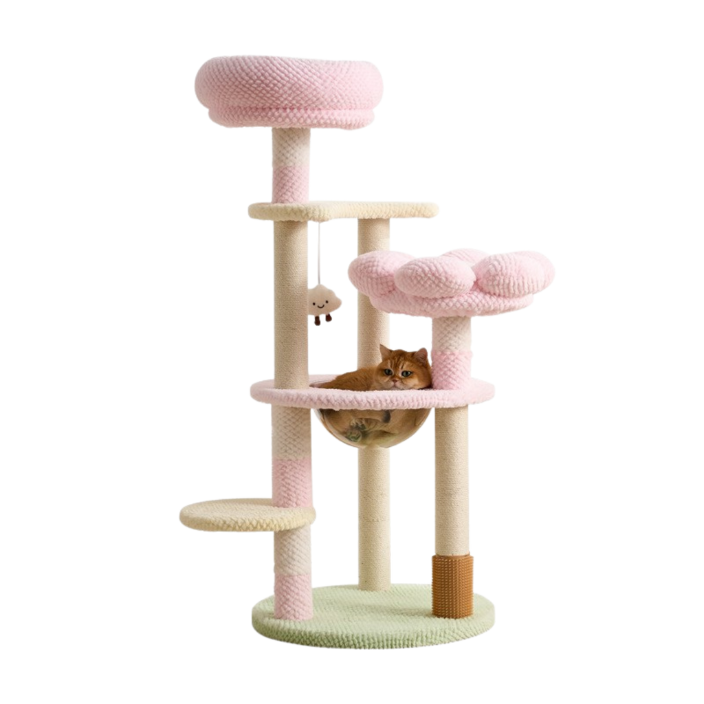 EcoPawPaw 128cm Pink Flower Cat Tree with Transparent Hammock & Sisal Scratching Posts