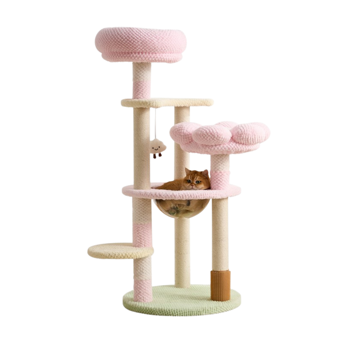 EcoPawPaw 128cm Pink Flower Cat Tree with Transparent Hammock & Sisal Scratching Posts