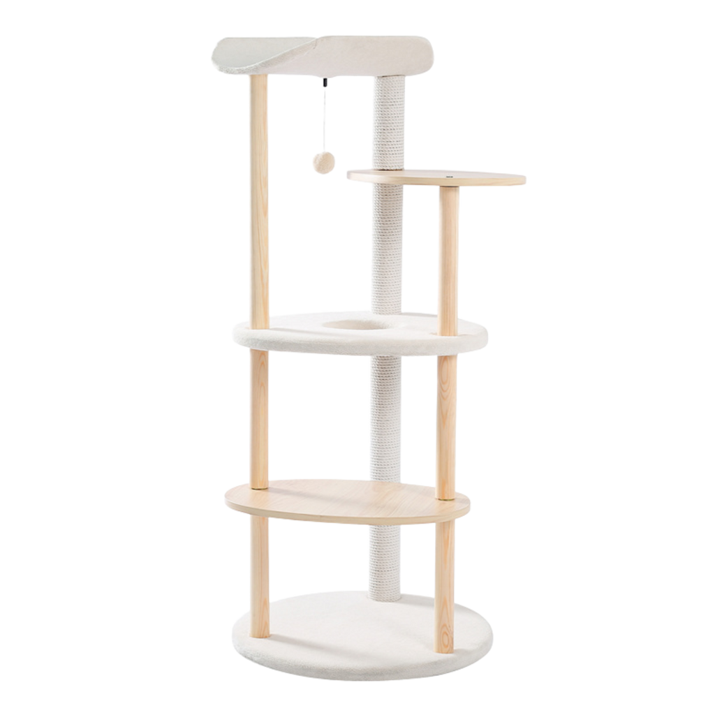 EcoPawPaw 124.5cm Japanese Minimalist Wooden Cat Tree – Modern Japandi Cat Tower with Scratching Post, Washable Pads & Perches