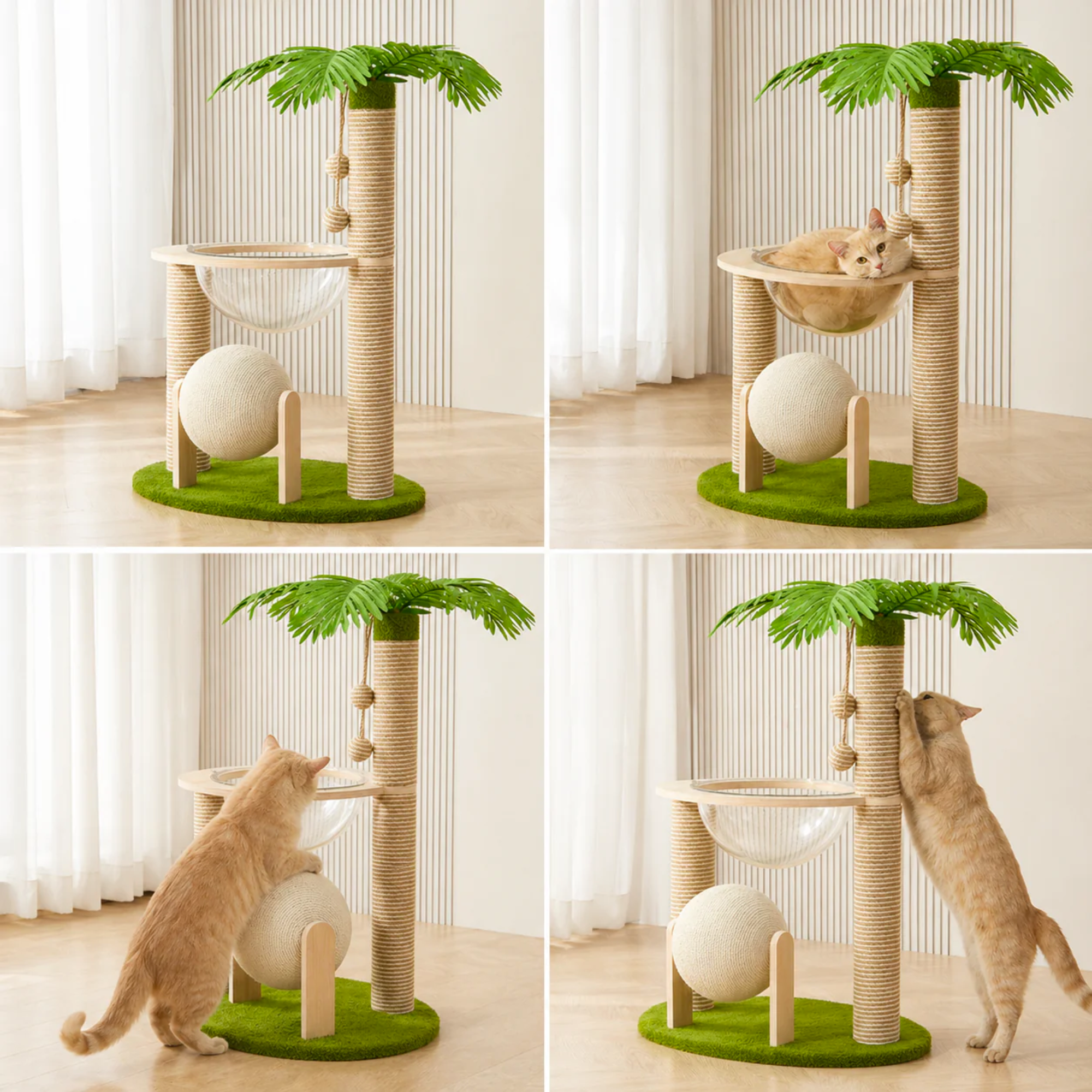 EcoPawPaw Palm Tree Cat Scratcher with Acrylic Space Capsule Bed – Modern Cat Lounge, Sisal Scratching Posts & Interactive Scratching Ball