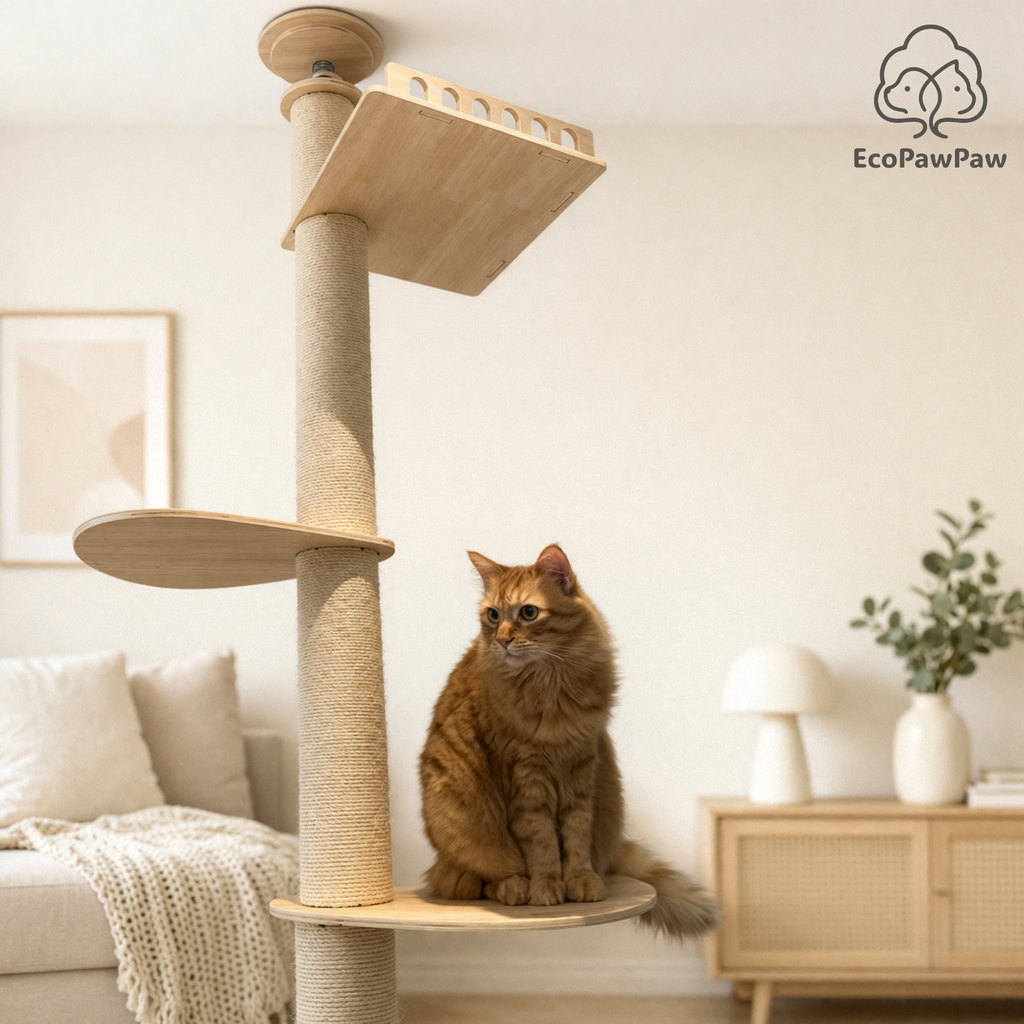 Adjustable Ceiling-to-Floor Solid Oak Cat Tree (240–280 cm)