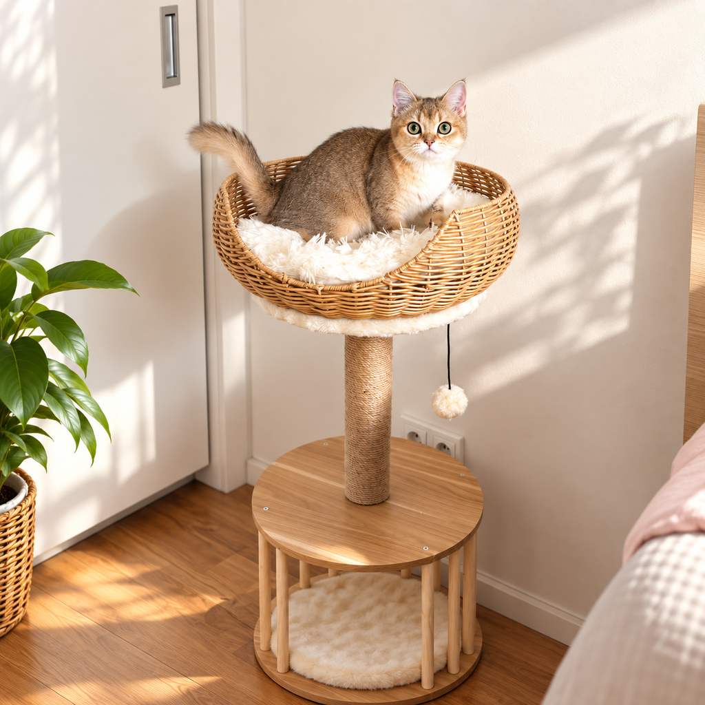 EcoPawPaw Natural Wood Cat Tree with Rattan Nest – 76 cm
