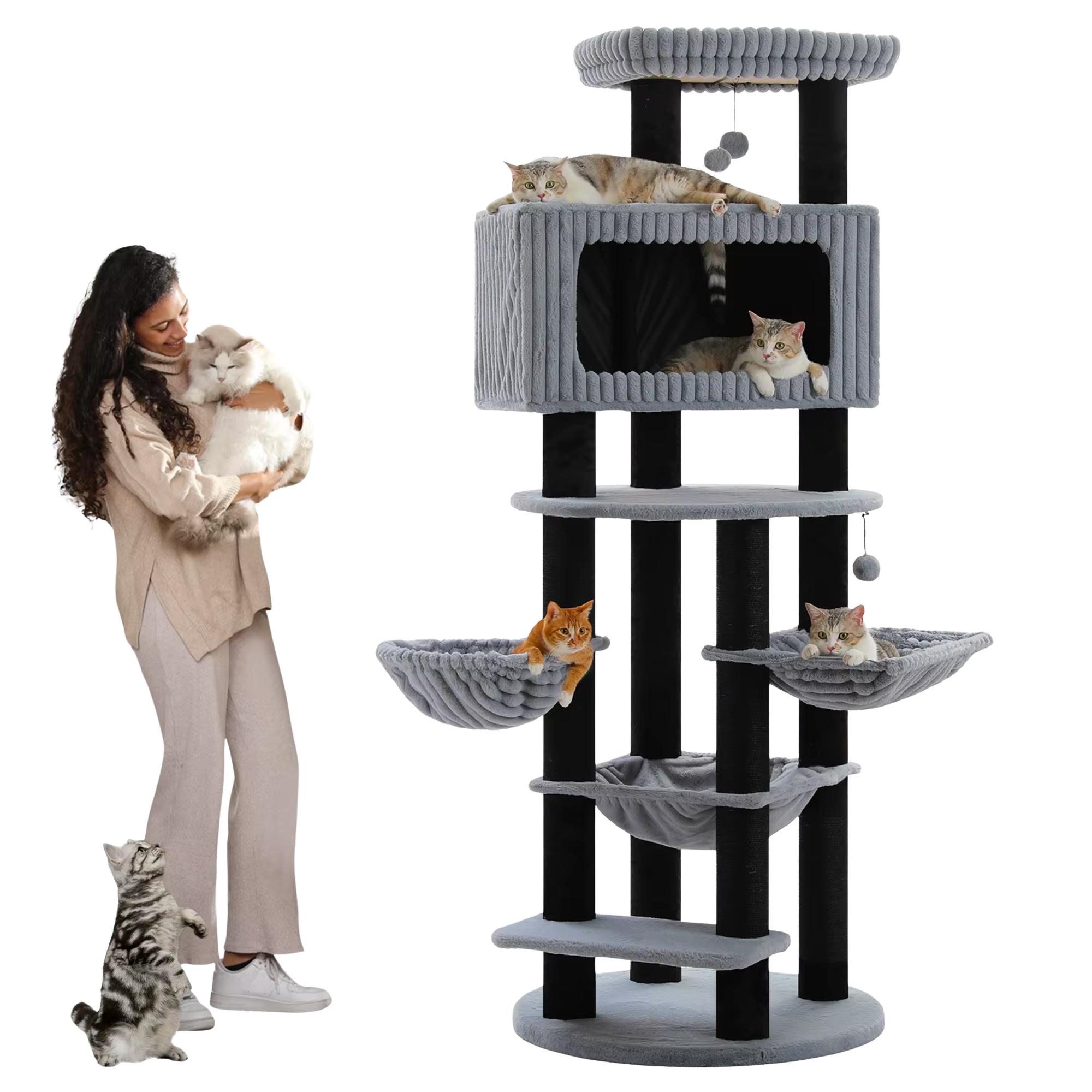 EcoPawPaw Luxury XXL Cat Tree for Large Cats – Multi-Level Cat Tower with 3 Hammocks, Spacious Condo & Thick Scratching Posts