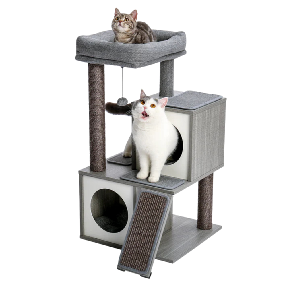 Cats on a grey wooden cat tree with top bed and scratching ramp