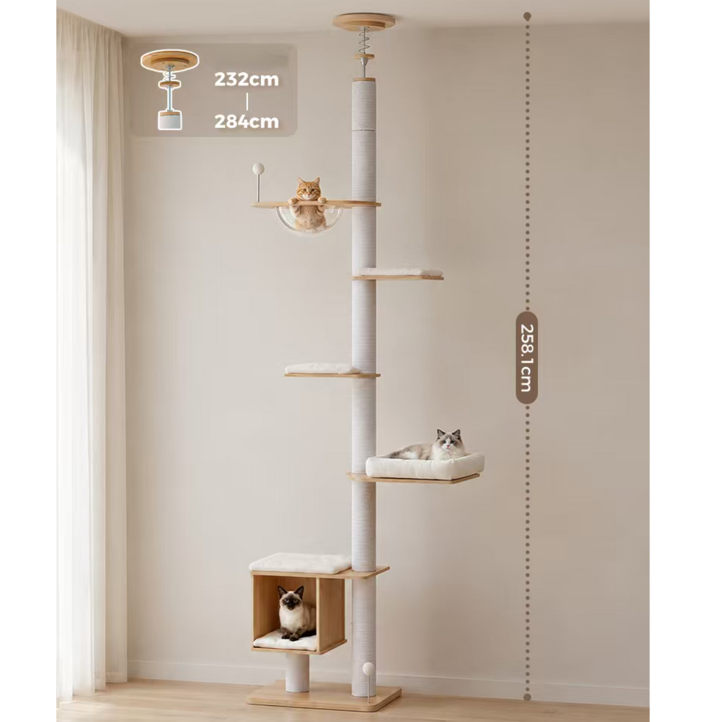 EcoPawPaw Adjustable Floor-to-Ceiling Cat Tree | 225–284cm Cat Tower with Condo & Acrylic Bowl