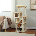 EcoPawPaw 132cm Modern Wooden Cat Tree with Cozy Condo, Hammock & Large Top Perch