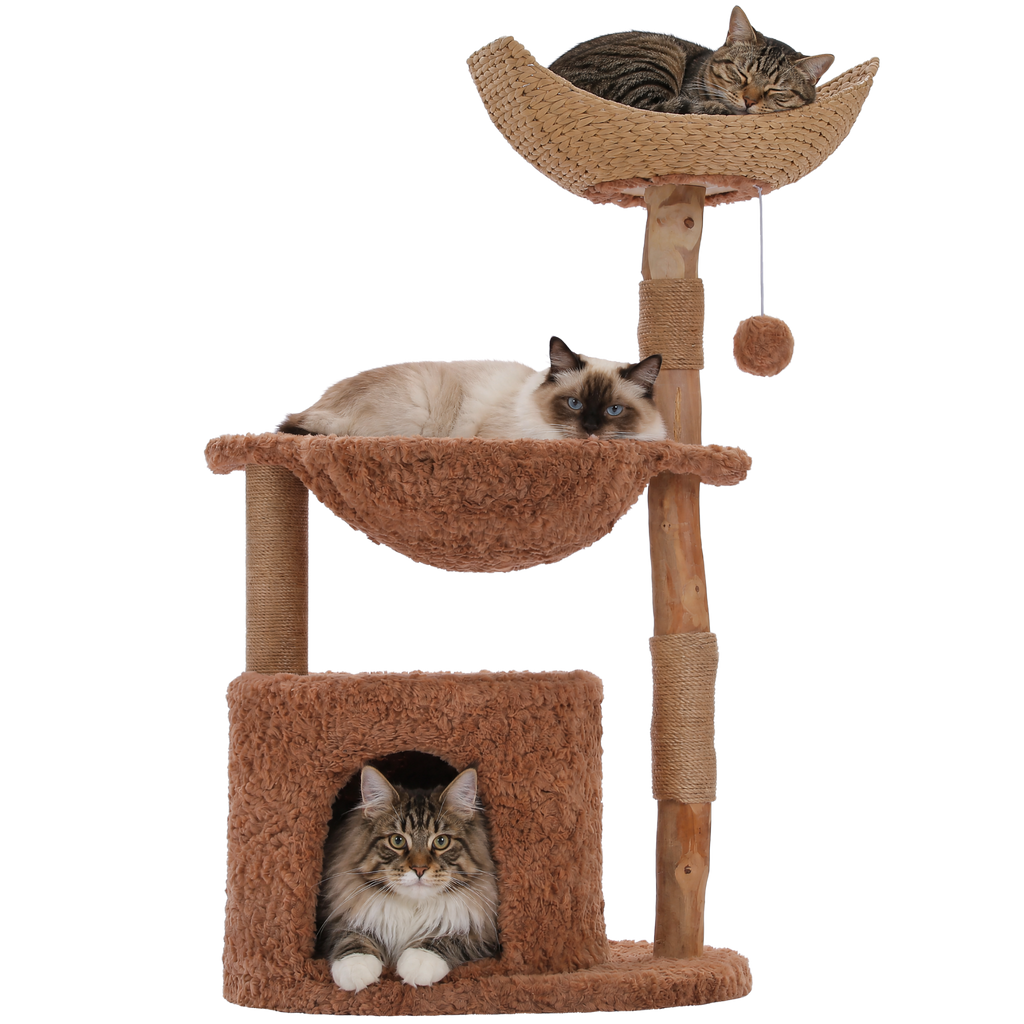 EcoPawPaw 102cm Natural Wood Cat Tree with Woven Basket & Cozy Cat House