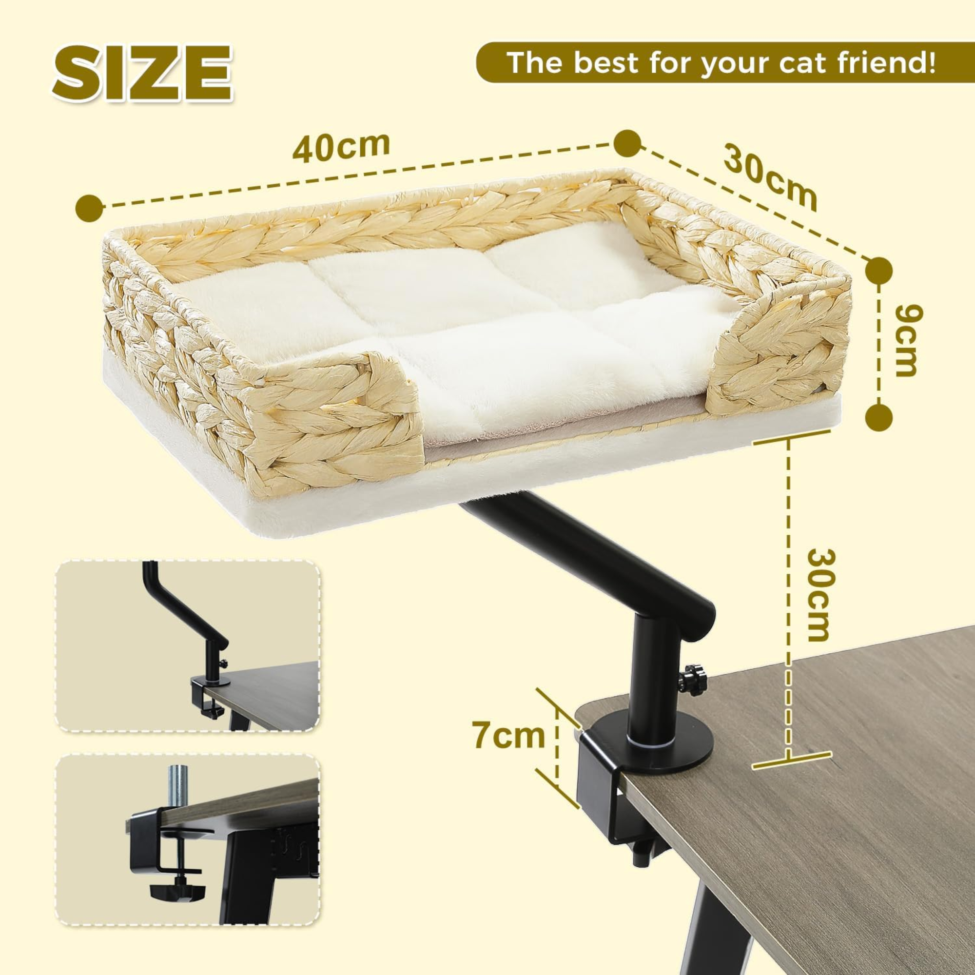 Desk Mounted Cat Bed with 360° Rotation – Handwoven Rattan Cat Perch for Office & Workstation | Clamp-On Cat Shelf (40×30cm)