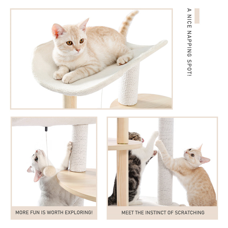 EcoPawPaw 124.5cm Japanese Minimalist Wooden Cat Tree – Modern Japandi Cat Tower with Scratching Post, Washable Pads & Perches