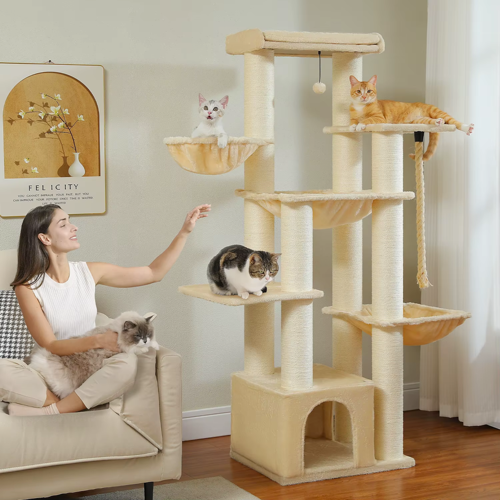 Ecopawpaw XXL Cat Tree for Large Cats 170CM – Heavy Duty Cat Tower with Extra Thick Sisal Posts, Hammocks, Condo & Large Platforms for Maine Coons