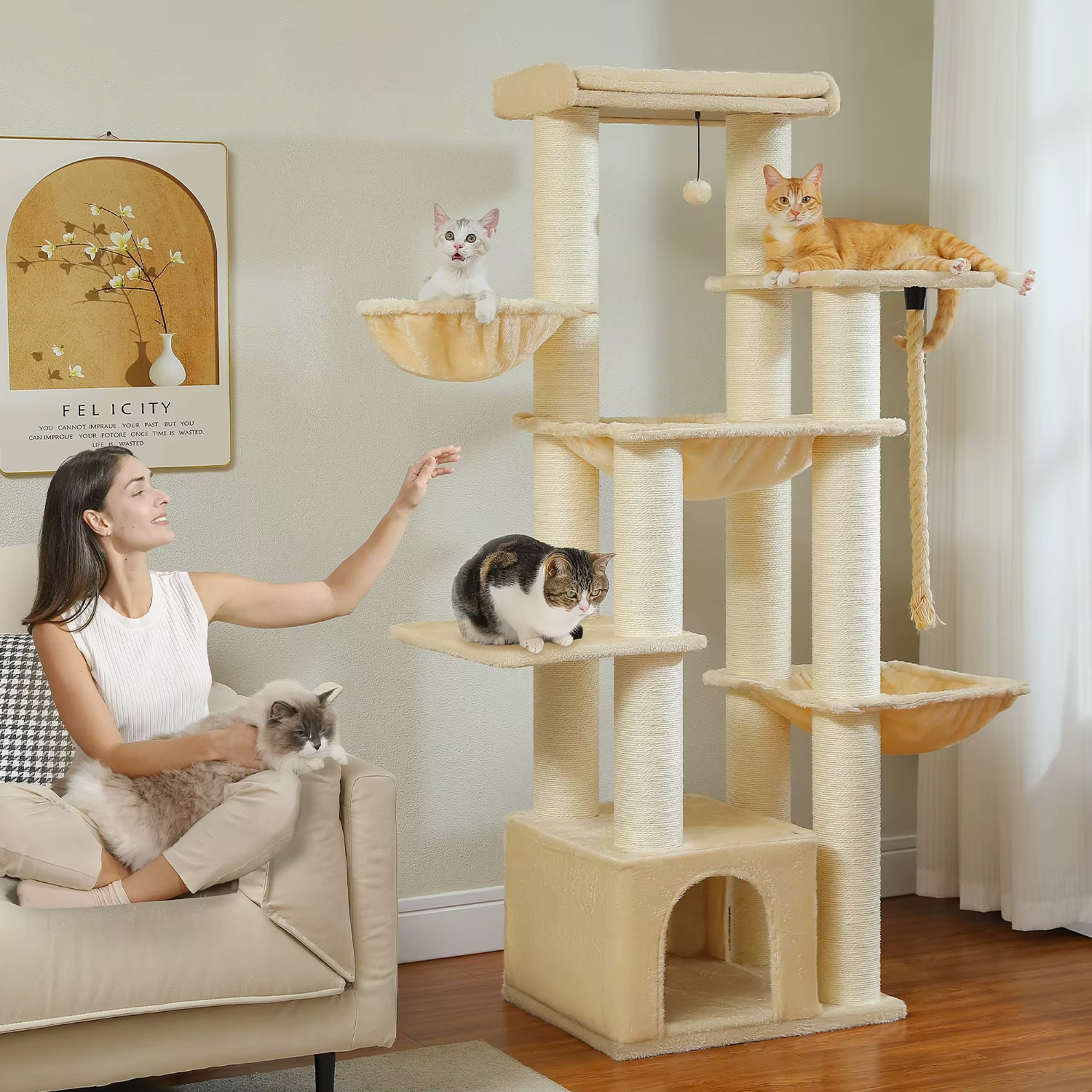 Ecopawpaw XXL Cat Tree for Large Cats 170CM – Heavy Duty Cat Tower with Extra Thick Sisal Posts, Hammocks, Condo & Large Platforms for Maine Coons