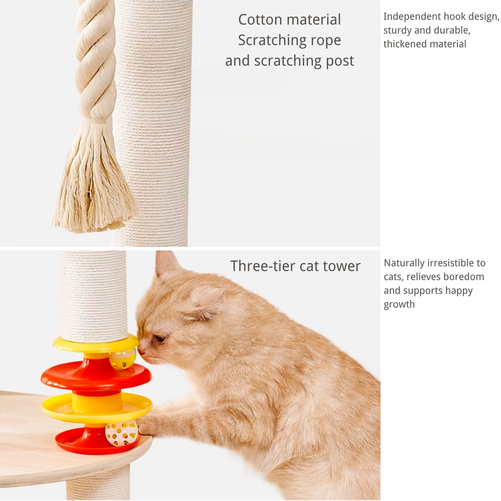 Natural Solid Oak Cat Tree – Modern Z-Shaped Wooden Cat Tower with Hammock & Scratching Posts (154 cm Tall)
