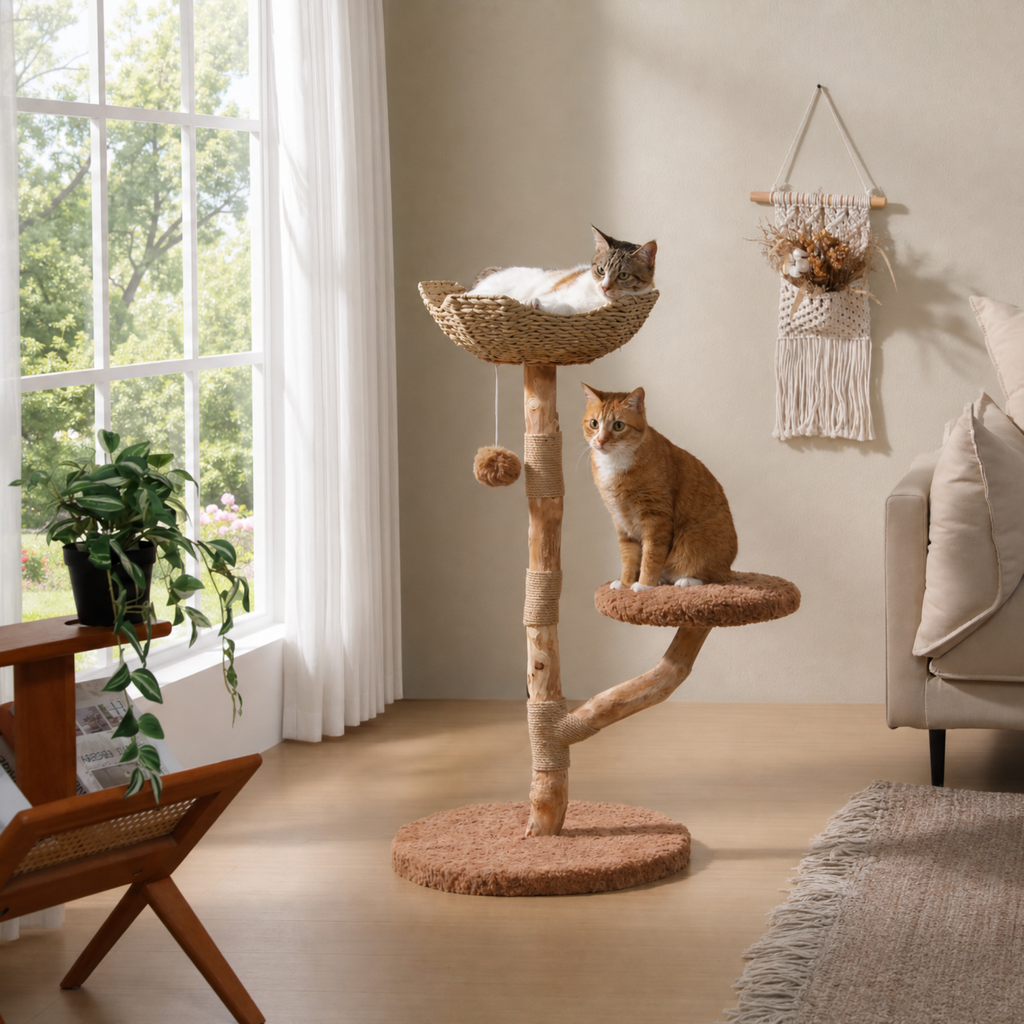 EcoPawPaw 95cm Natural Wooden Cat Tree with Handwoven Wicker Bed – Space-Saving Cat Tower for Small & Medium Cats
