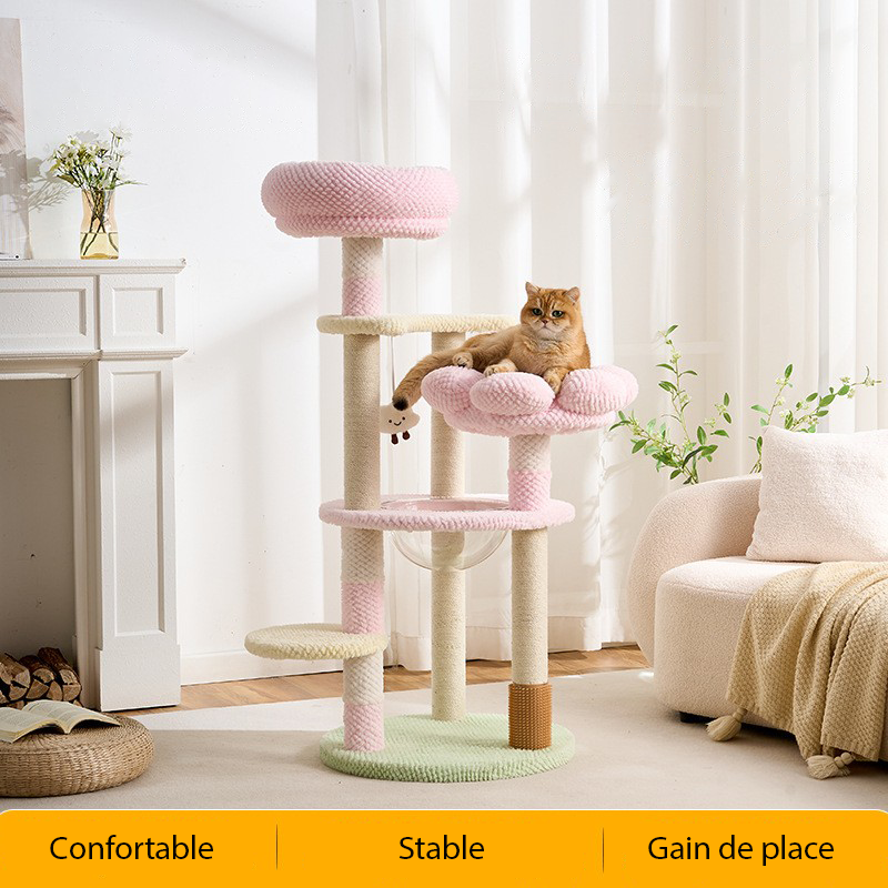 EcoPawPaw 128cm Pink Flower Cat Tree with Transparent Hammock & Sisal Scratching Posts
